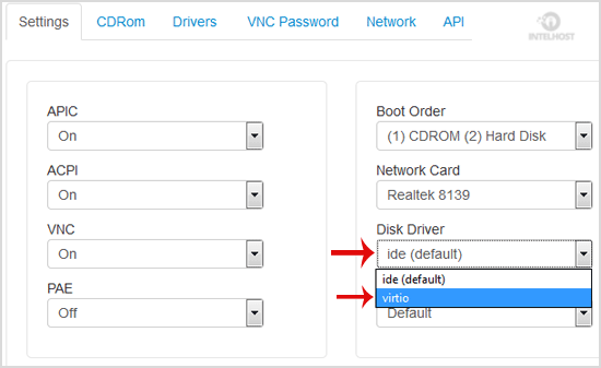 Reselhost | Como alterar o Disk Driver para Virtio ou IDE no SolusVM